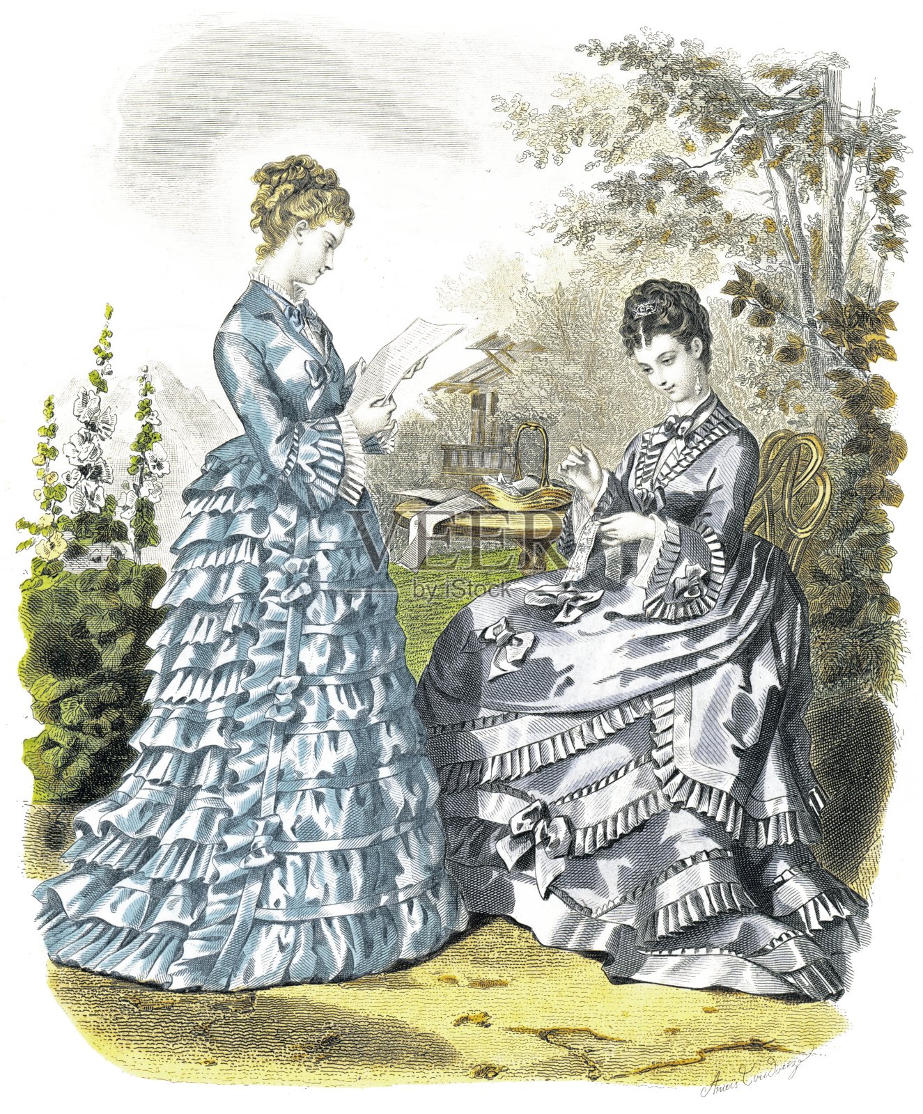 罗缎连衣裙灰色-罗缎连衣裙蓝色。优雅时尚1874插画图片素材