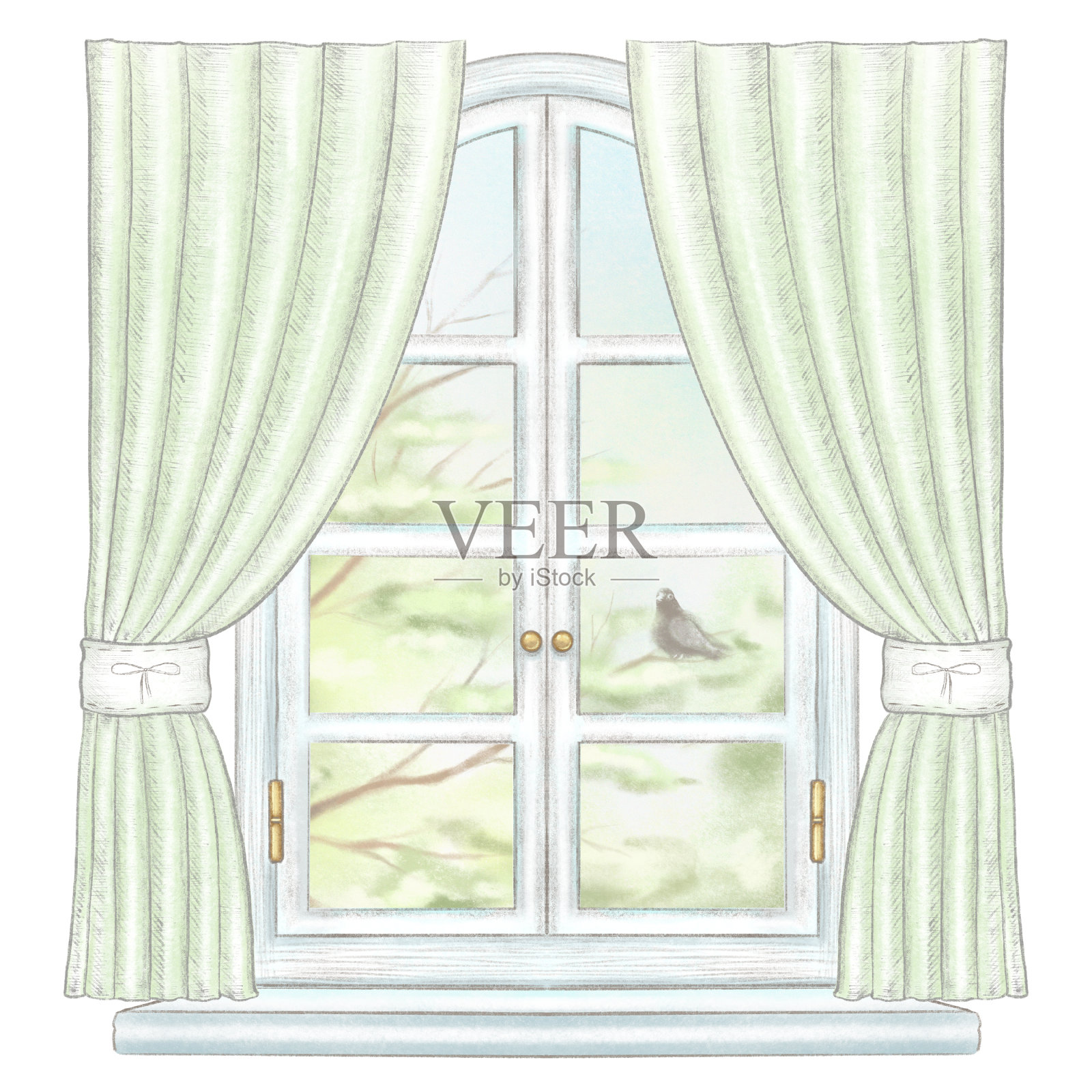 水彩和铅笔画的窗户，绿色的窗帘和春天的风景插画图片素材
