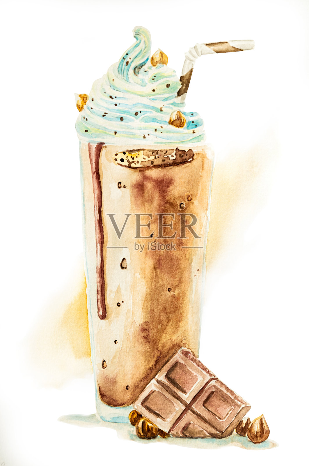 巧克力奶昔在玻璃装饰奶油和核桃与水彩飞溅背景手绘插图插画图片素材