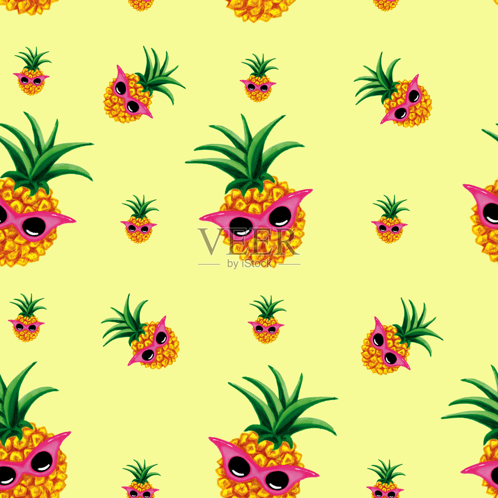 无缝的热带菠萝图案与眼镜在黄色的背景插画图片素材