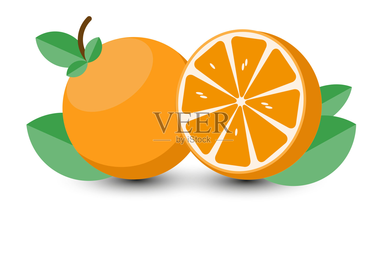 橙色果实的平面设计矢量，白色背景上孤立的绿叶。设计元素图片