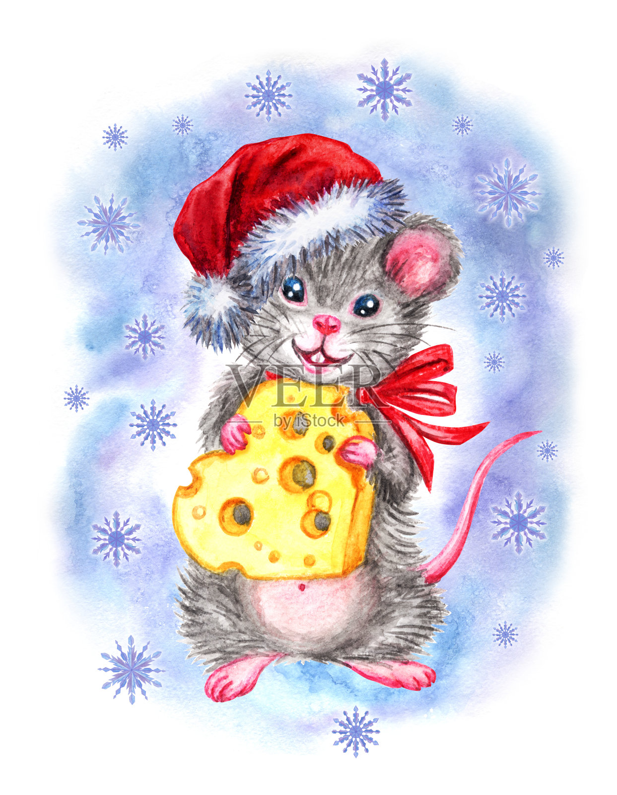戴着心形奶酪圣诞帽的老鼠设计模板素材