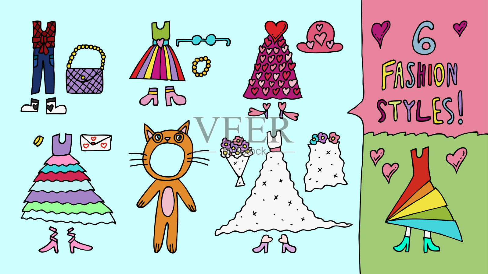 Childrens drawings fashion styles sketch with color doodles kid's hand drawn painting art cartoon fashionable clothes with dress, shoes and accessories.插画图片素材