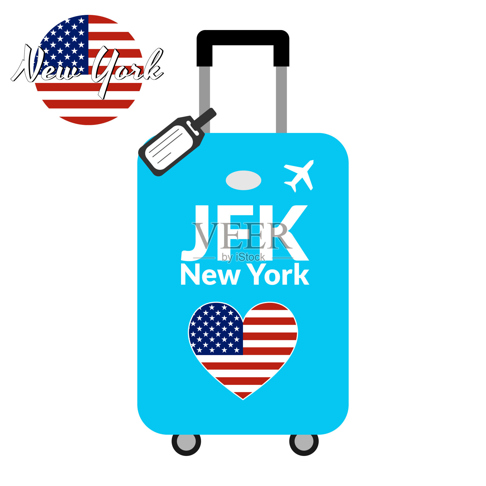 行李上标有国际航空运输协会(IATA)或位置标识和目的地城市名称纽约，JFK。去美国旅游的概念。行李上的心形美国国旗。插画图片素材