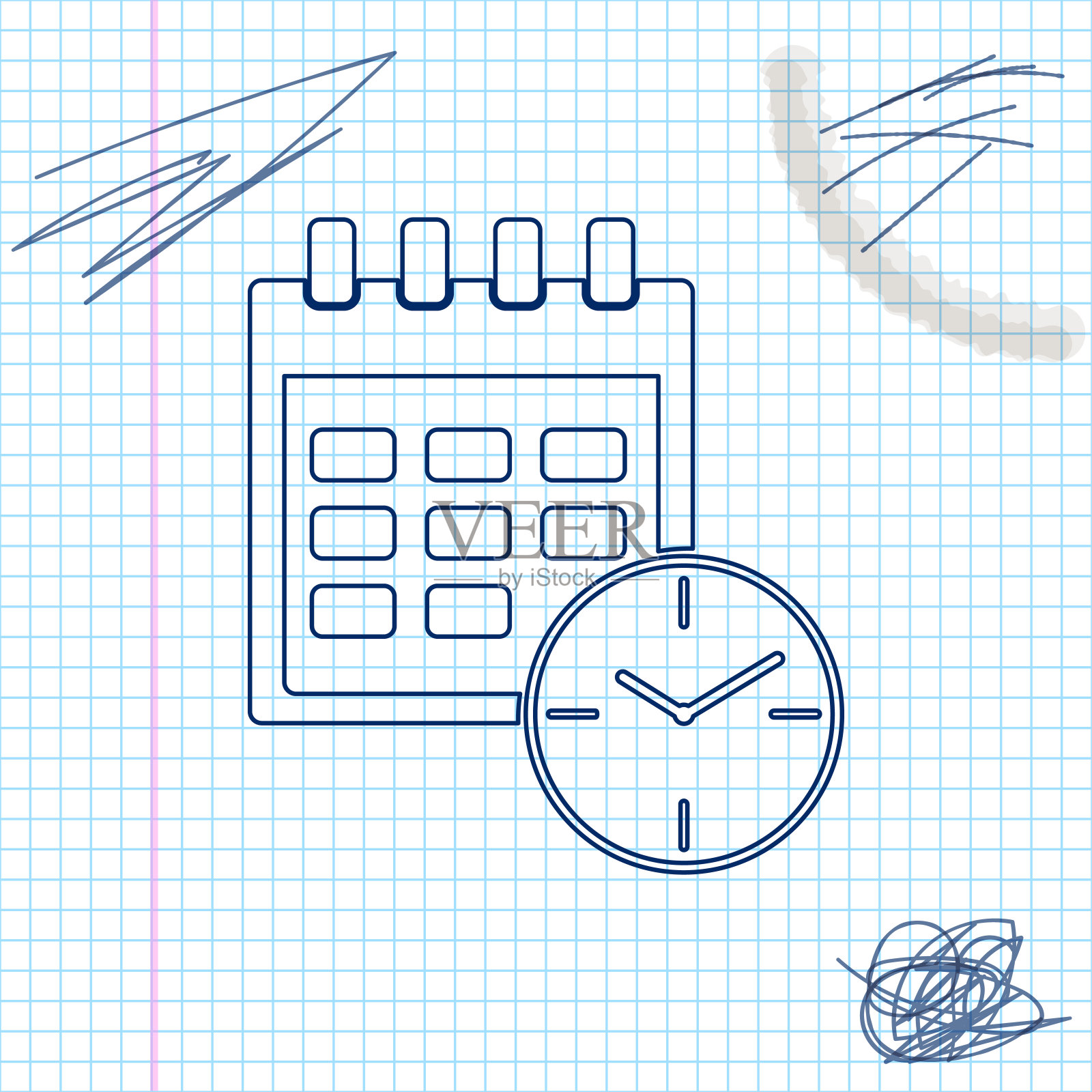 日历和时钟线草图图标孤立的白色背景。进度表，预约，组织者，时间表，时间管理，重要日期。日期和时间标记。矢量图插画图片素材