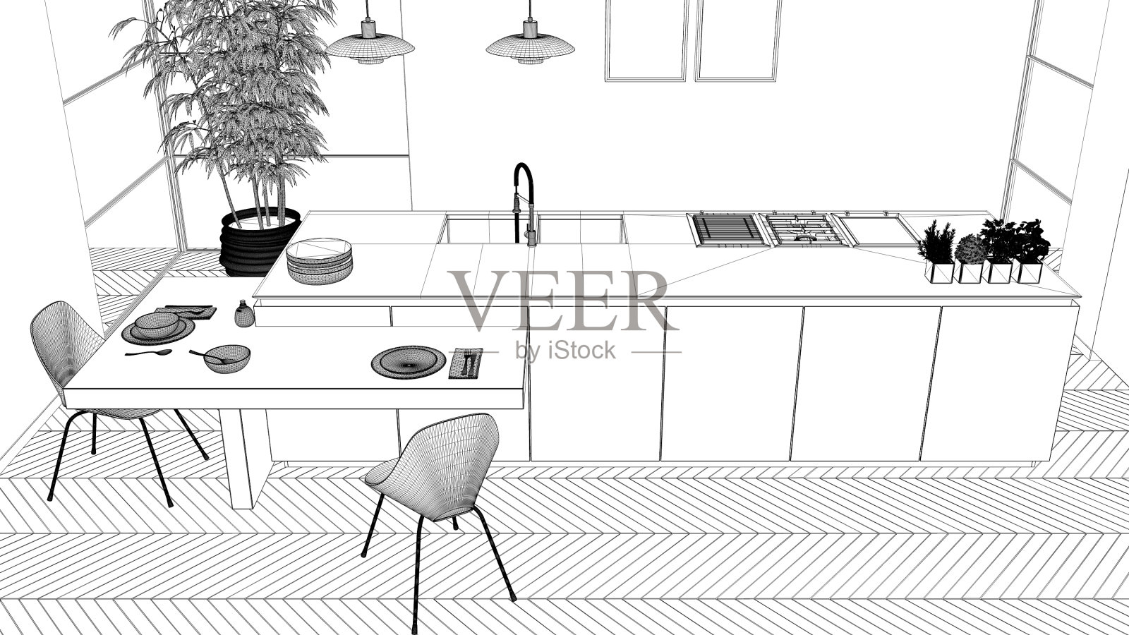 蓝图项目草案，现代干净的现代厨房，岛和带椅子的木制餐桌，竹子和盆栽植物，窗户和拼花地板，室内设计概念，俯视图照片摄影图片