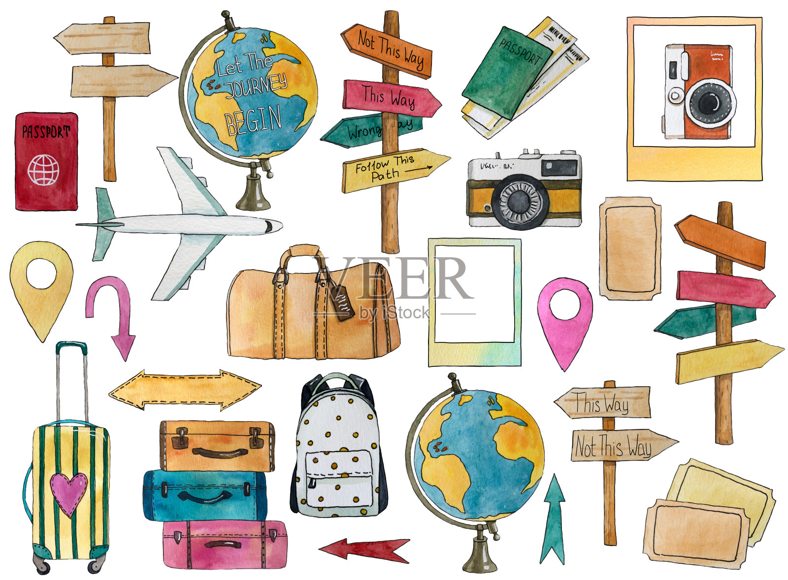 旅行元素与飞机，地球仪，路标，地理位置，护照，包，票，相机，箭头。插画图片素材