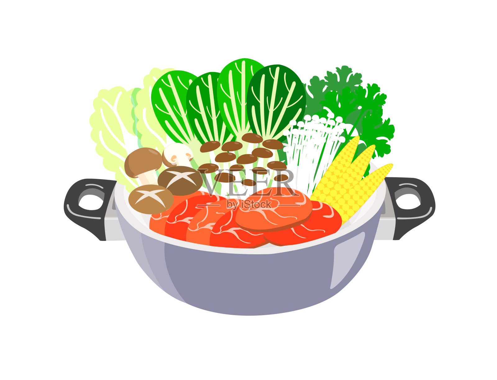 火锅与蔬菜和肉孤立在白色背景。插画图片素材