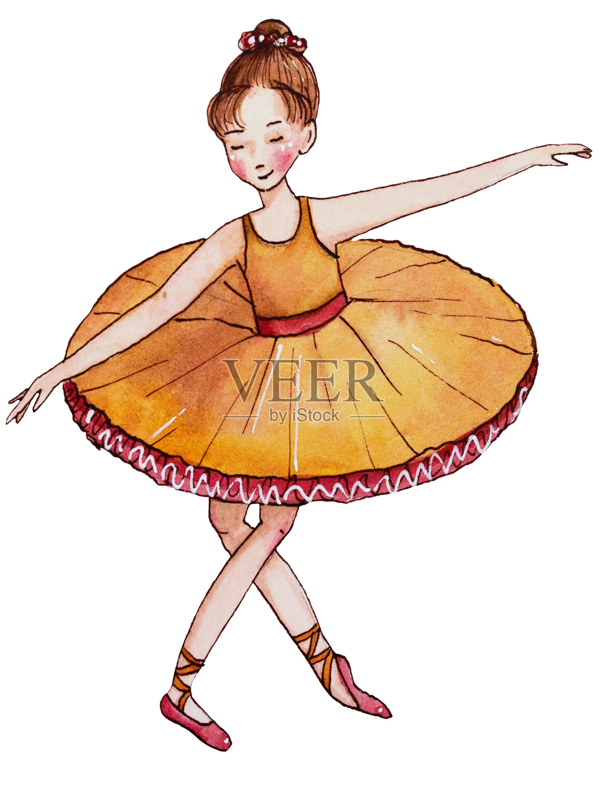 穿着黄色裙子的小芭蕾舞演员。崇敬。插画图片素材