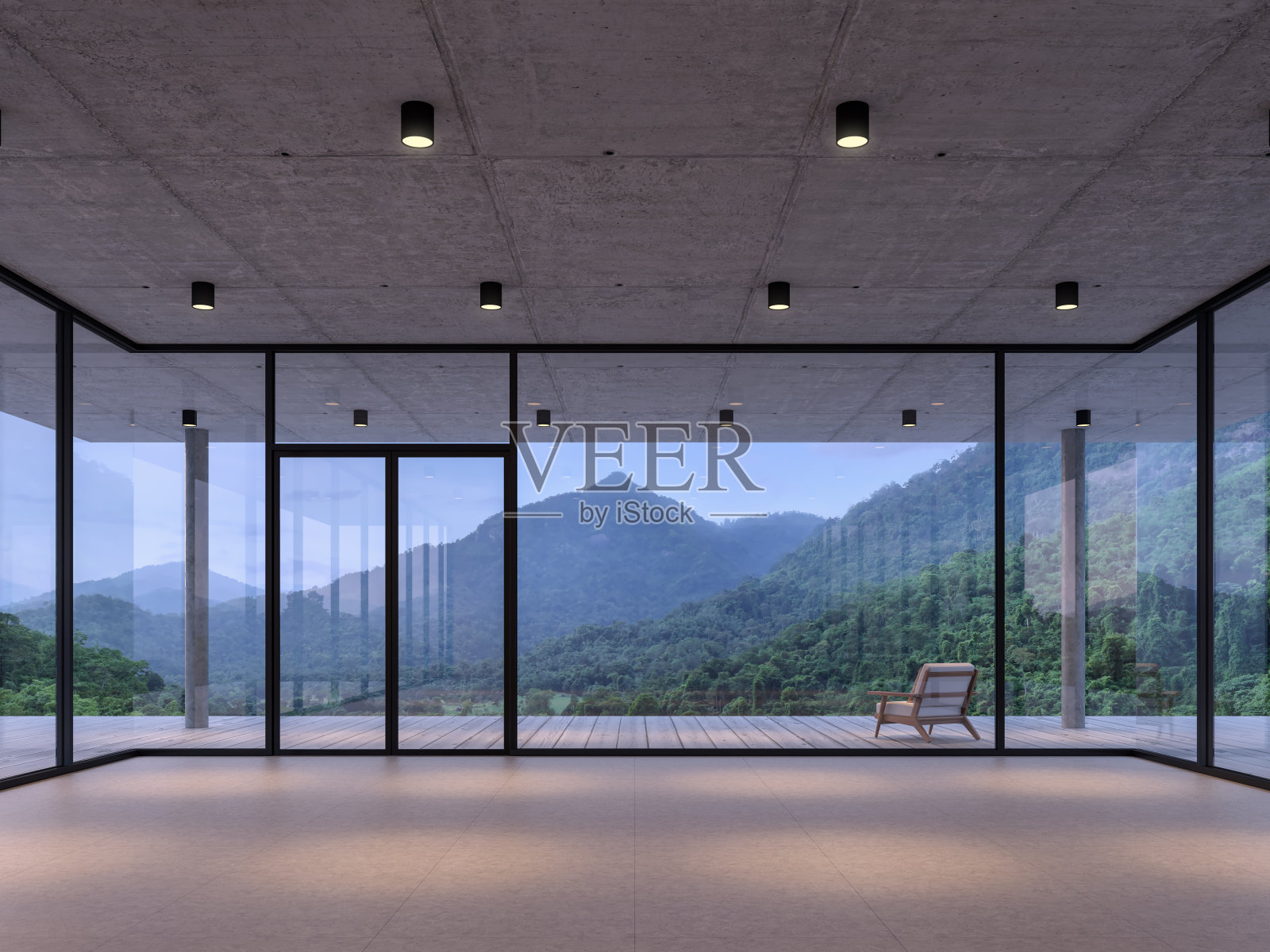 现代阁楼房间空间与山景3d渲染照片摄影图片