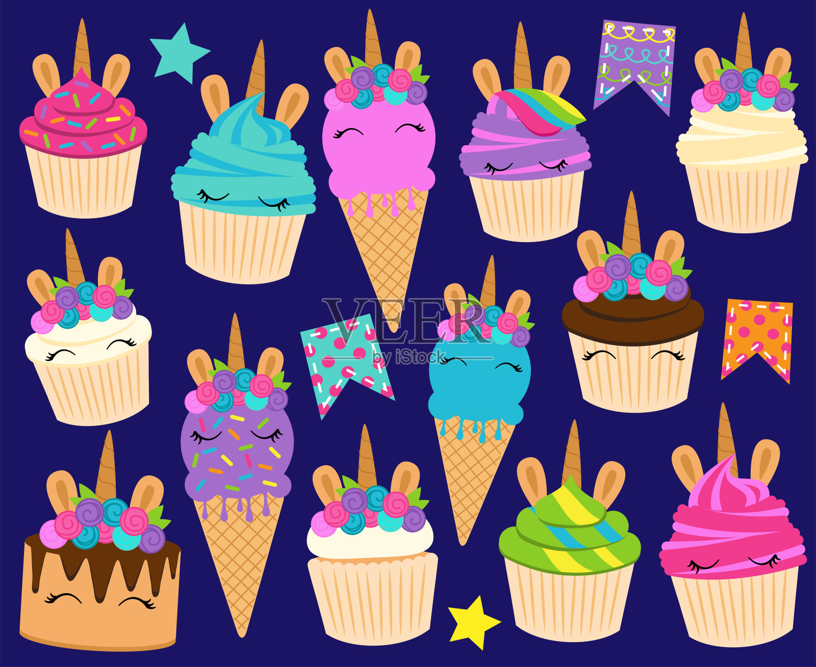 可爱向量独角兽主题的甜点和生日装饰插画图片素材