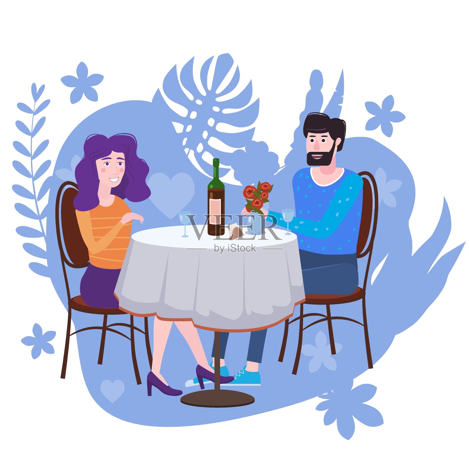 一对情侣在咖啡馆里喝葡萄。一个男人和一个女人在约会时坐在一张桌子旁。爱情友谊沟通，花海背景理念。矢量插图孤立的平面风格卡通插画图片素材