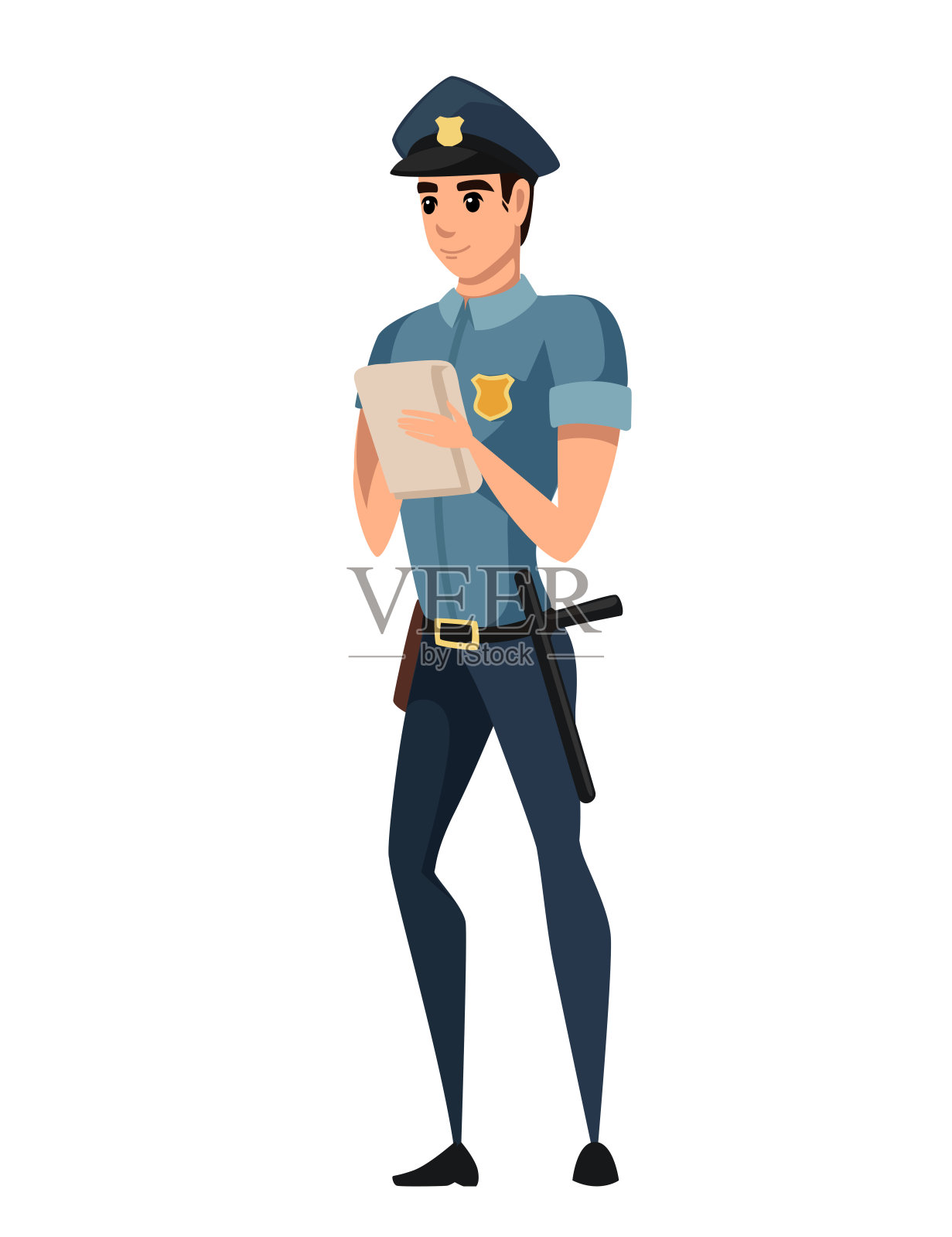警察手持交通违章罚单，身穿深蓝色裤子和浅蓝色衬衫，卡通人物设计平面矢量插图插画图片素材