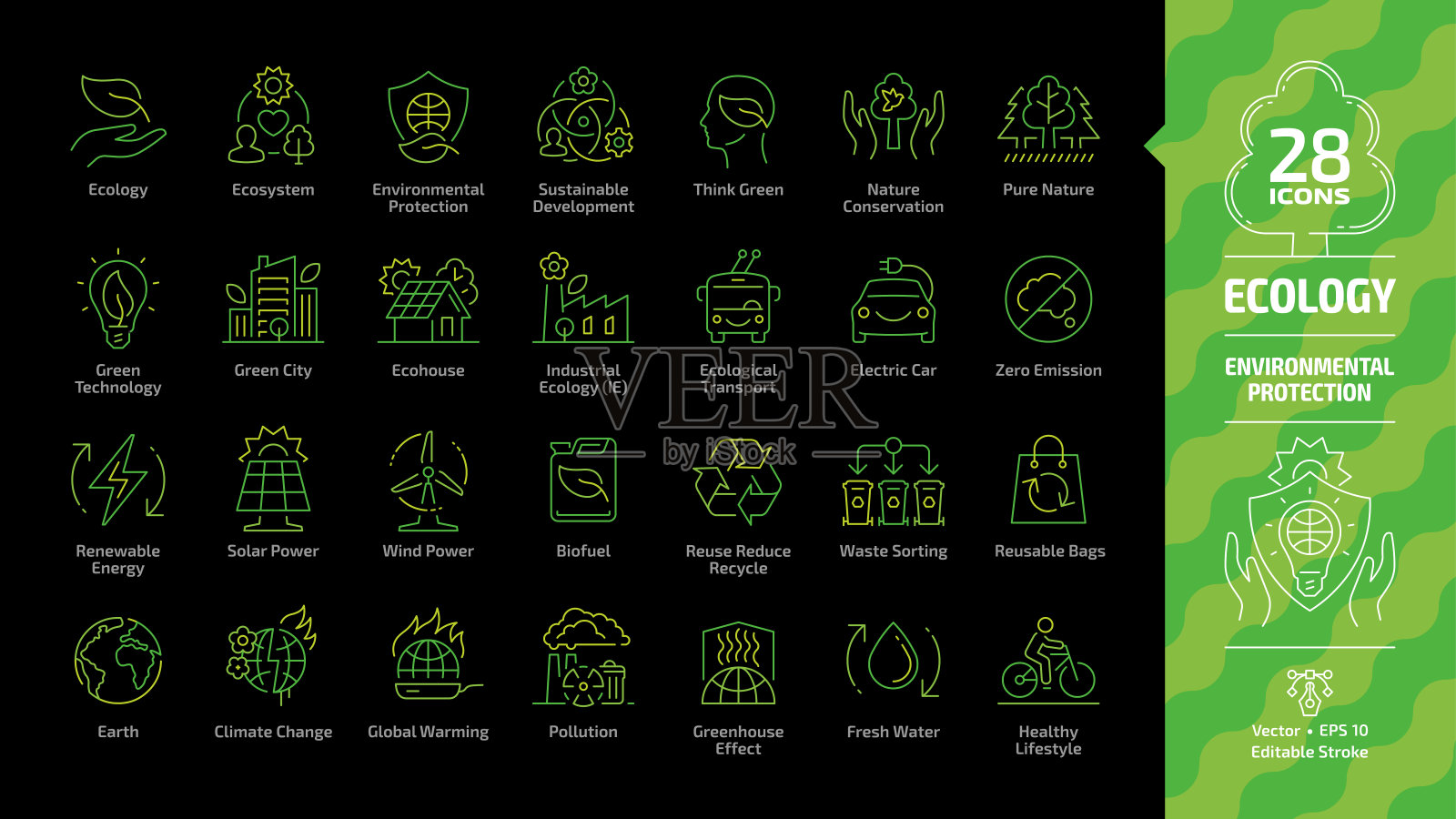 生态轮廓彩色图标设置在黑色背景上的绿色城市，生态科技，生态系统，可再生能源，环保，可持续发展可编辑的笔画线象形图。图标素材
