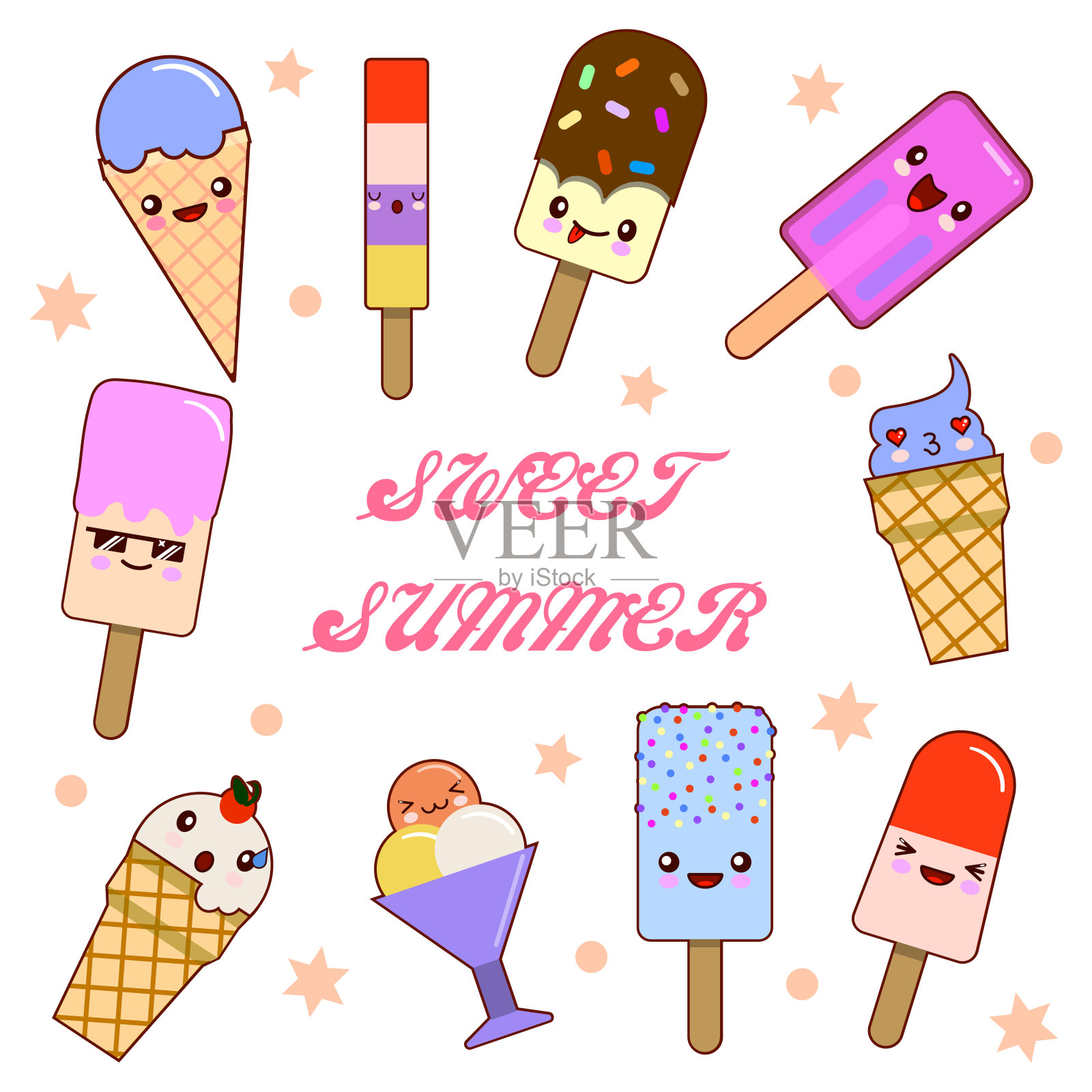 一套卡通有趣的冰淇淋与快乐的笑脸为孩子设计和装饰的插图和引用甜夏天在白色的背景插画图片素材