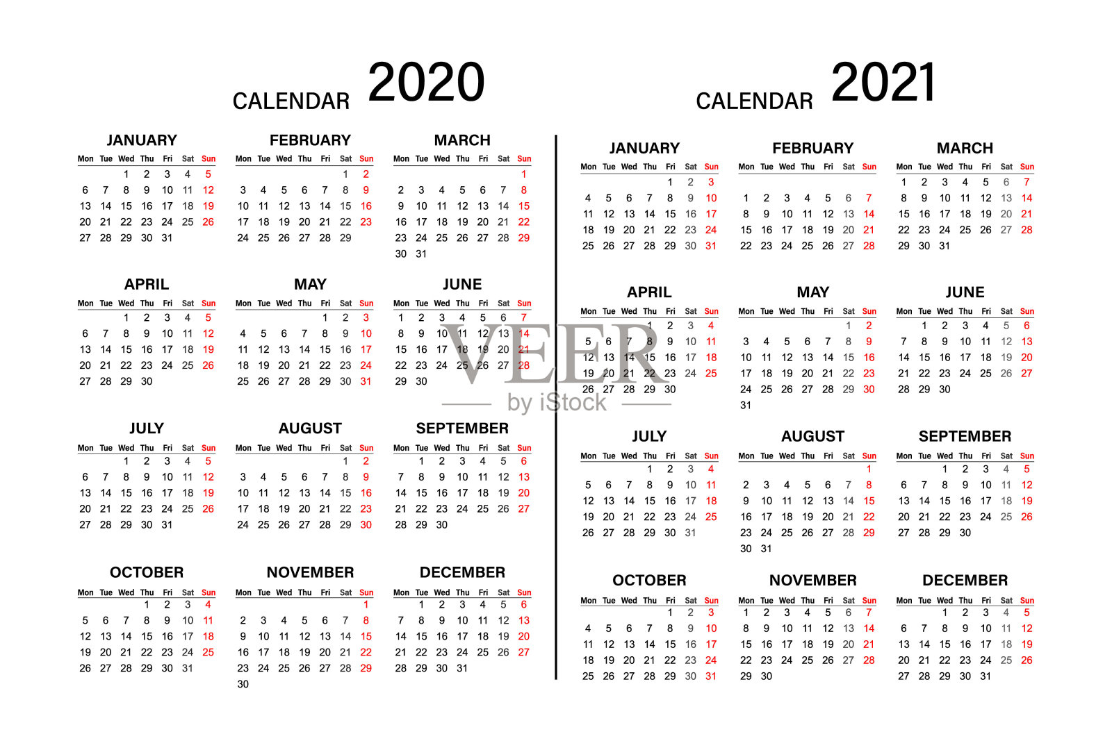 日历2019年2020年。下周一开始。2020-2021年，日历设计。设计模板素材