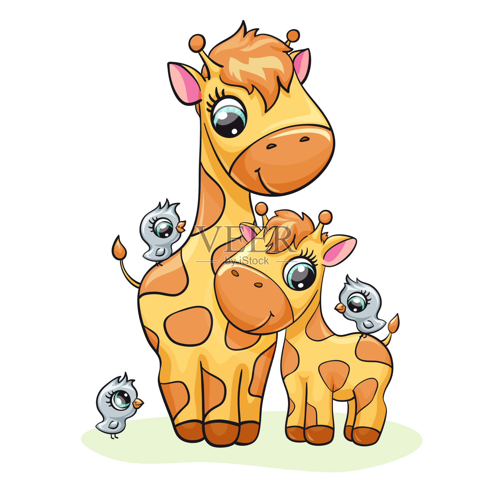 长颈鹿宝宝和妈妈可爱的印花。可爱的小鸟小家庭。酷炫的非洲朋友插画图片素材