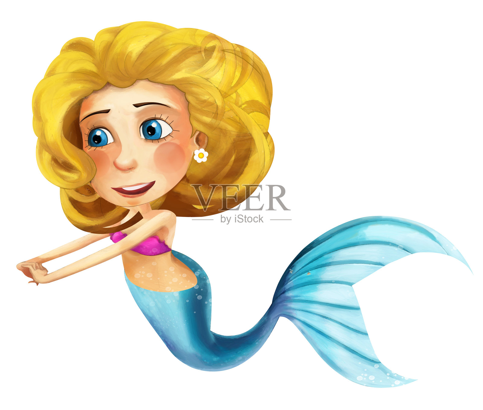 卡通小公主-微笑美丽的美人鱼游泳插画图片素材