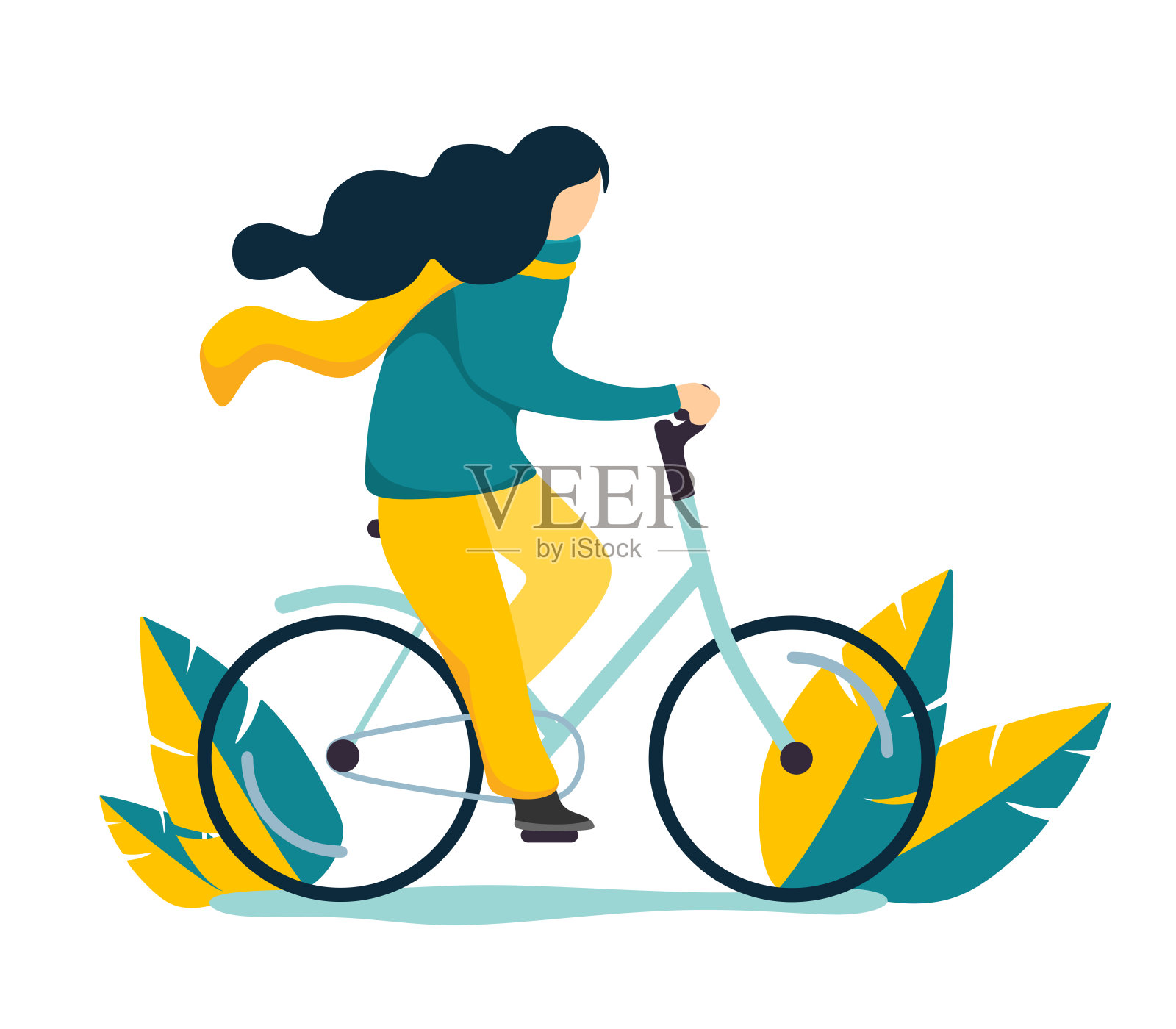 年轻的女孩戴着围巾，穿着暖和的衣服骑自行车。平面风格的矢量隔离。趋势的颜色。插画图片素材