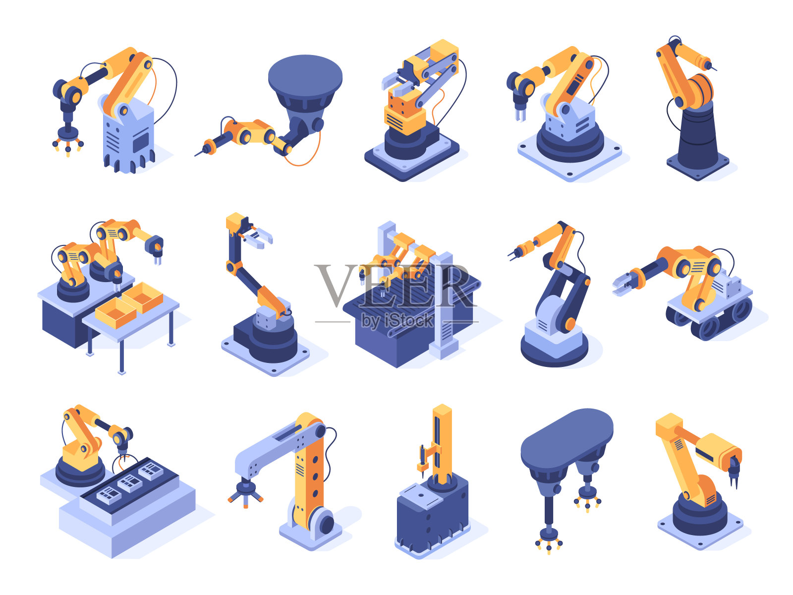 等距机械手臂。工业工厂机器、自动化制造和生产线机器人手臂三维矢量集插画图片素材