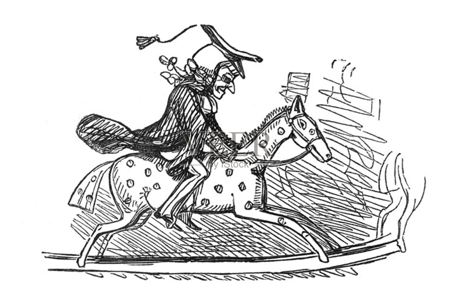 英国讽刺漫画漫画漫画插图-男人戴着帽子和长袍骑着一个斑点摇摆马插画图片素材