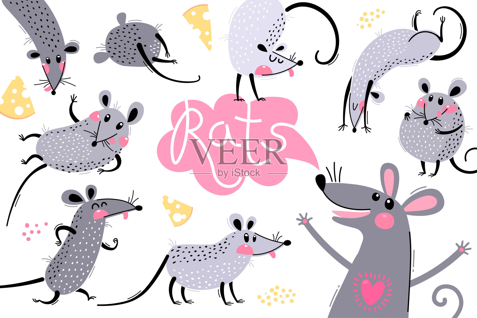 一组有趣的老鼠设计。可爱的小老鼠在不同的姿势。快乐的老鼠玩耍。矢量图插画图片素材