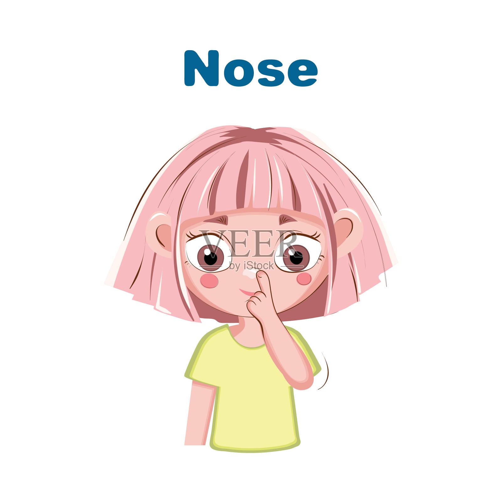 一个小女孩指着身体的一个部位，她的鼻子，叫她的名字。“为婴儿命名身体部位”系列插画插画图片素材