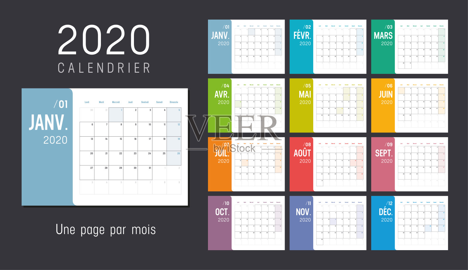 2020年法国月历设计模板素材