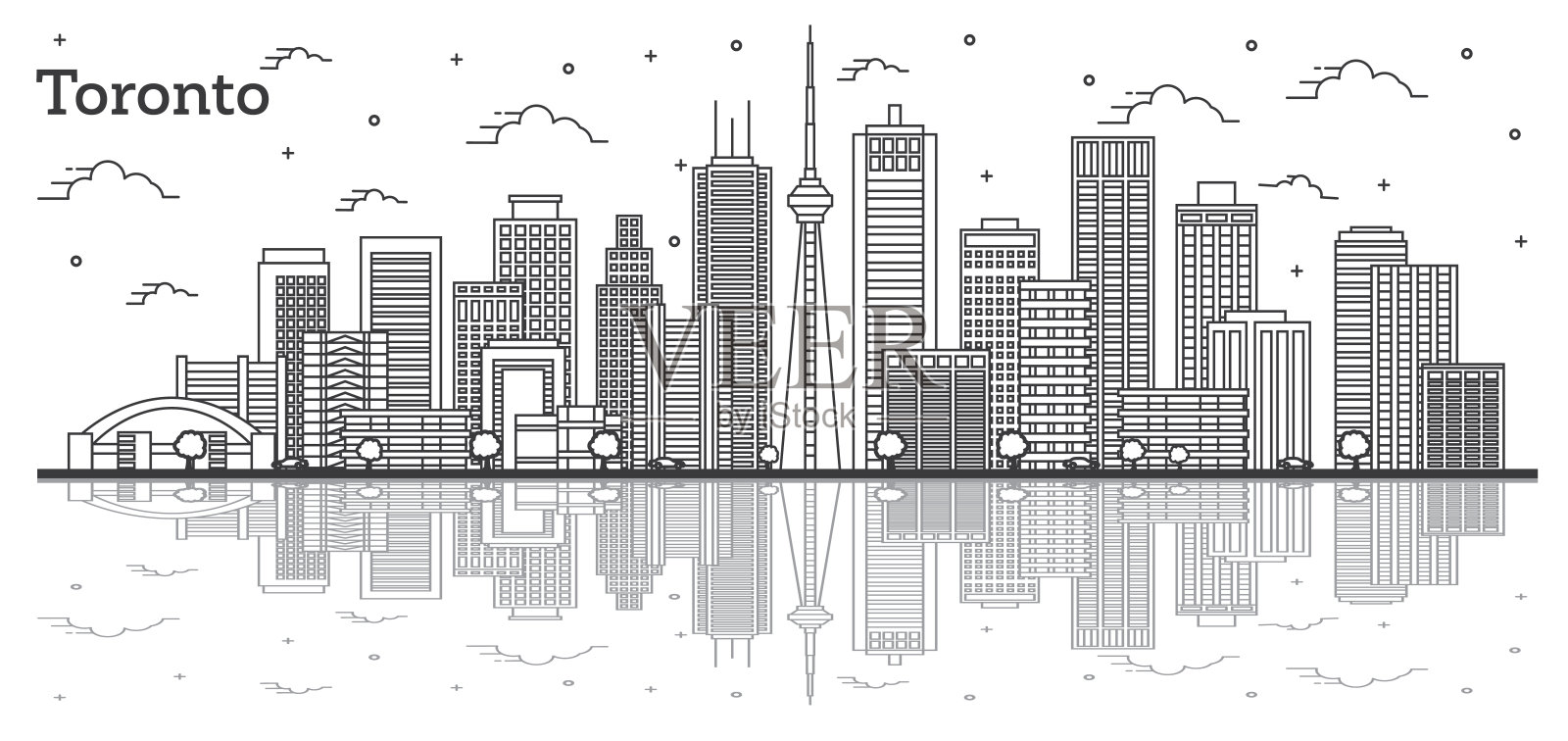 勾勒出加拿大多伦多城市天际线的现代建筑和孤立在白色上的倒影。插画图片素材