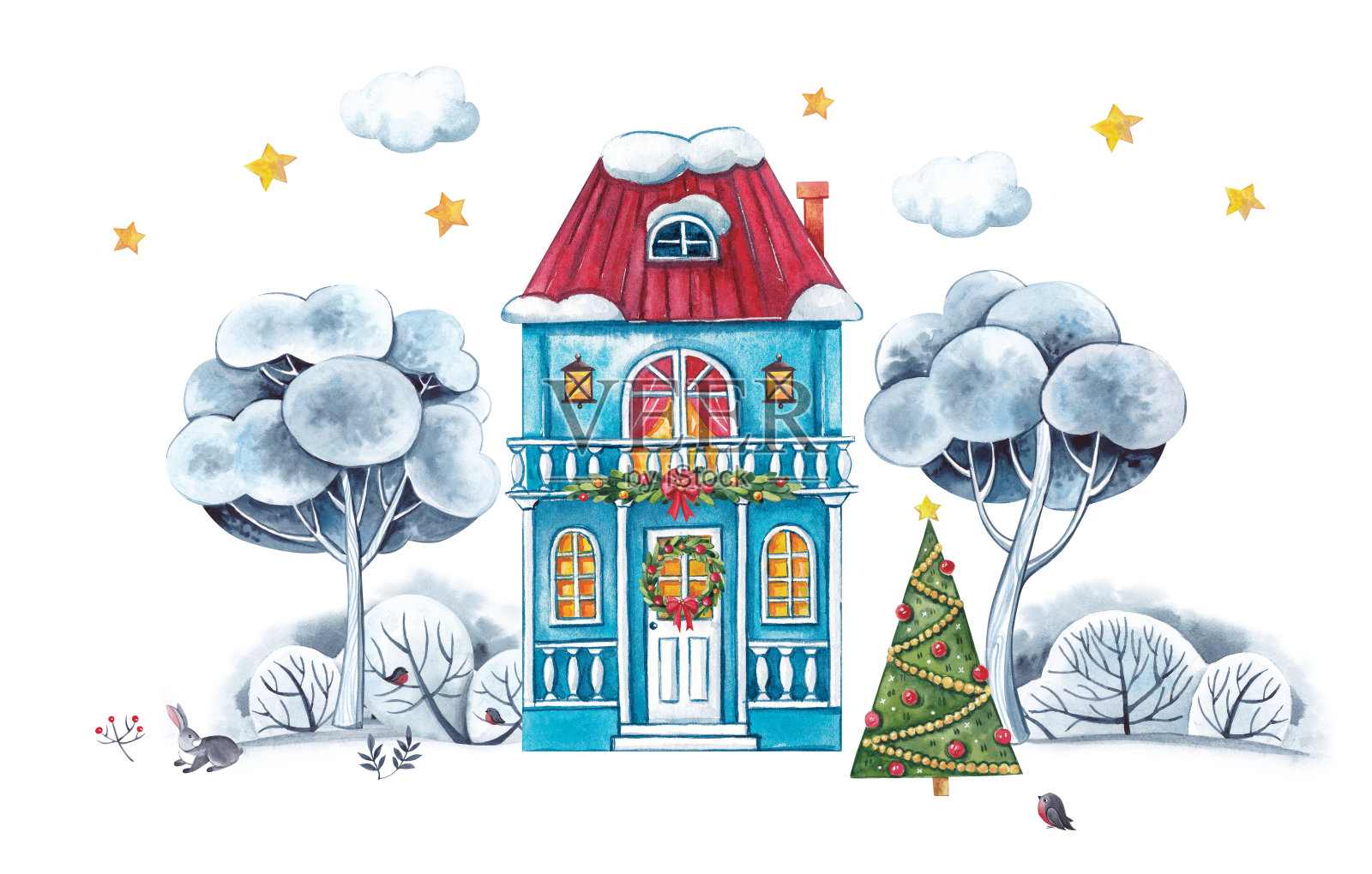 水彩插图。冬天的房子的蓝色装饰圣诞节。房子周围的树被雪覆盖着。设计元素图片