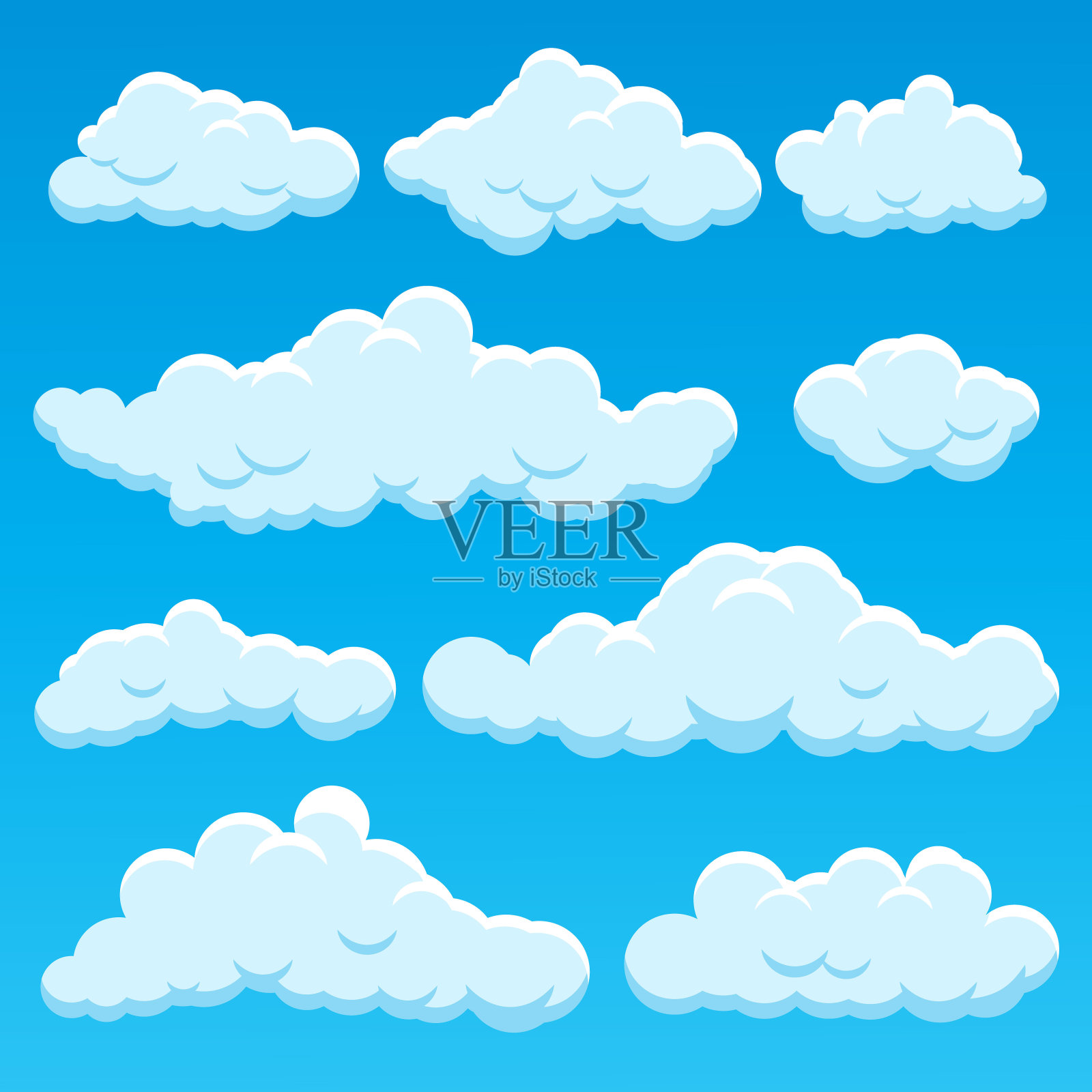 卡通不同类型的云图标设置在蓝色。向量插画图片素材