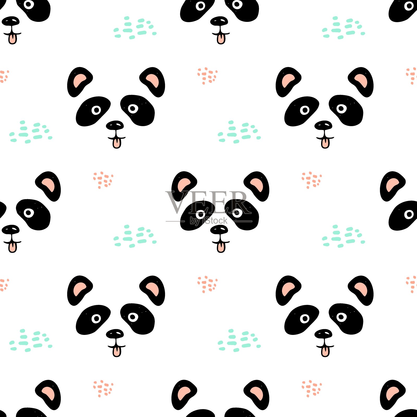 熊猫无缝图案上的白色和粉红色的背景。熊猫无缝图案贴纸，标签，吊牌，礼品包装纸，贺卡，海报和横幅设计。插画图片素材