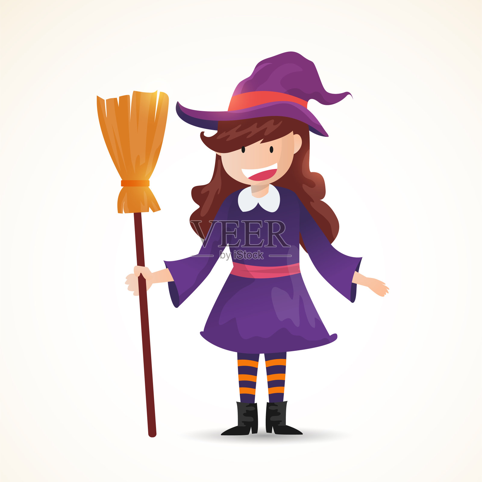 一个拿着扫帚的可爱小女巫。万圣节女巫儿童服装人物设计矢量孤立的背景。插画图片素材