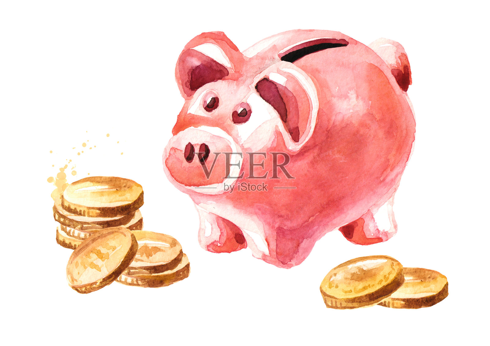 粉色可爱的小猪储蓄罐。有硬币的储蓄罐。水彩手绘插图，孤立的白色背景插画图片素材