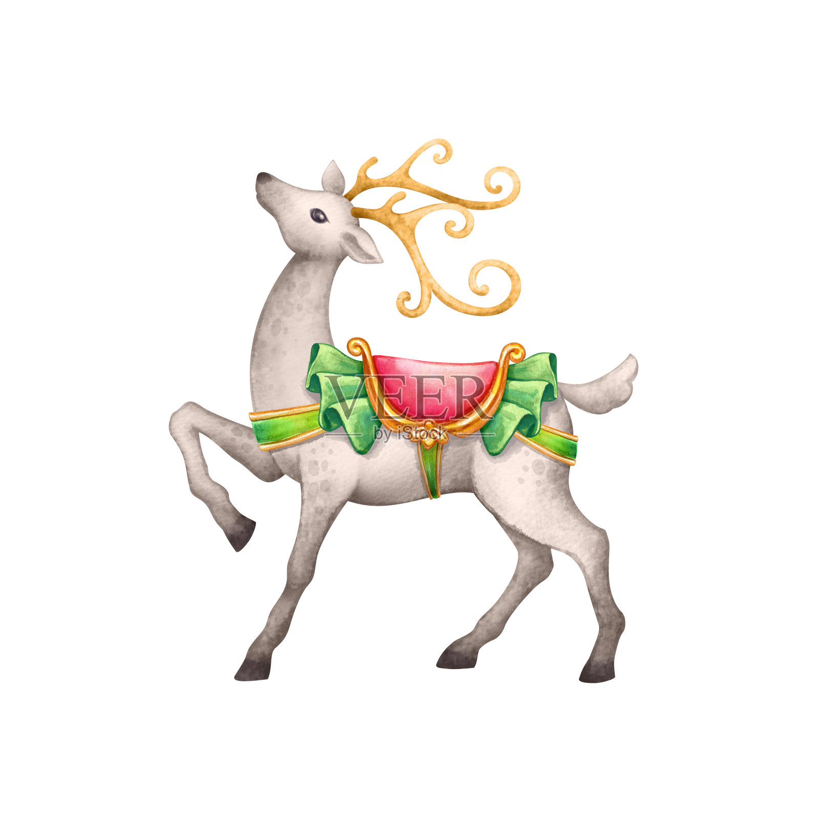 圣诞驯鹿有红色的马鞍和金色的鹿角，骄傲地翘着腿站着。水彩插图。北部鹿跳。动物剪辑艺术孤立的白色背景。插画图片素材