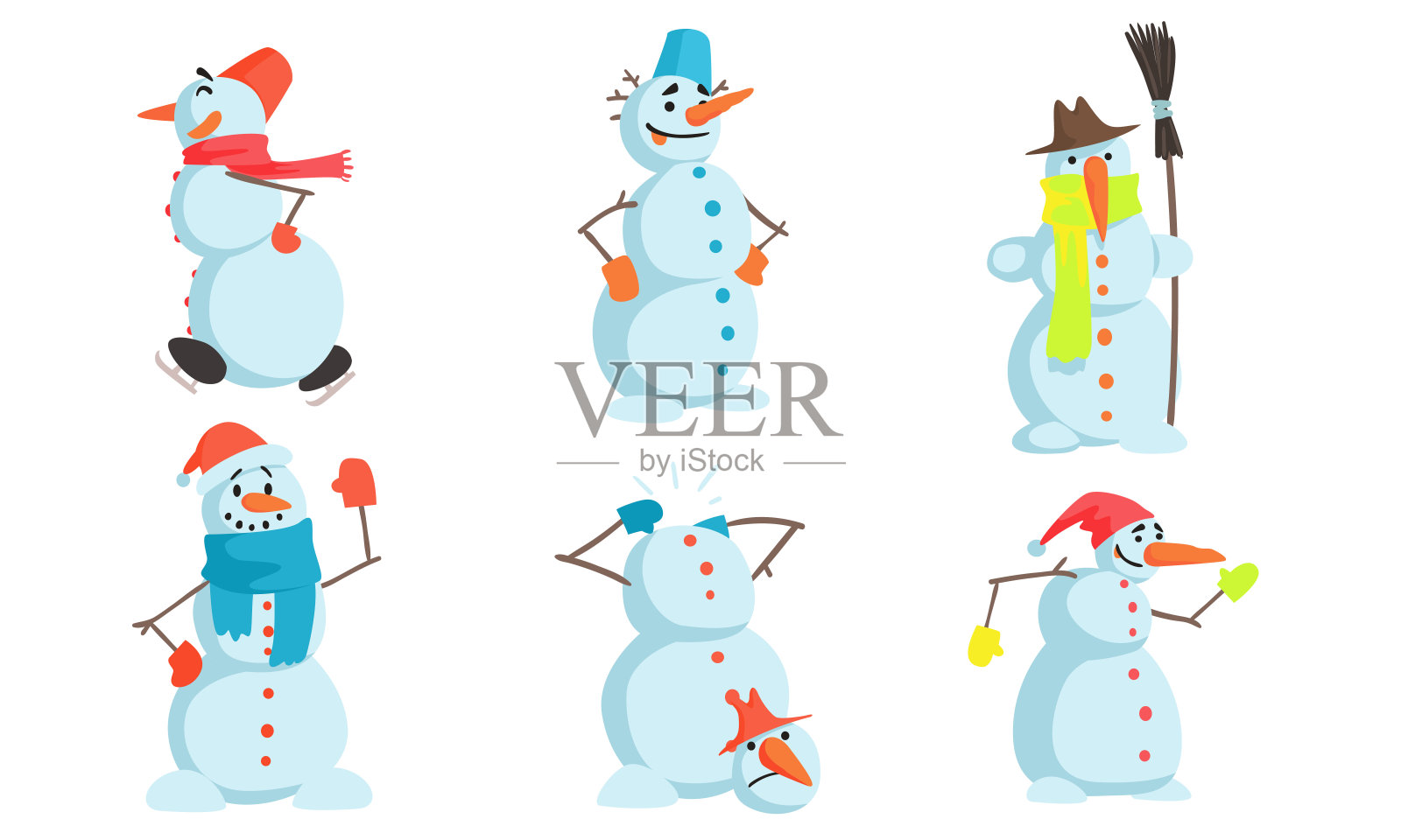 有趣的雪人设置，冬季圣诞人物在行动矢量插图设计元素图片