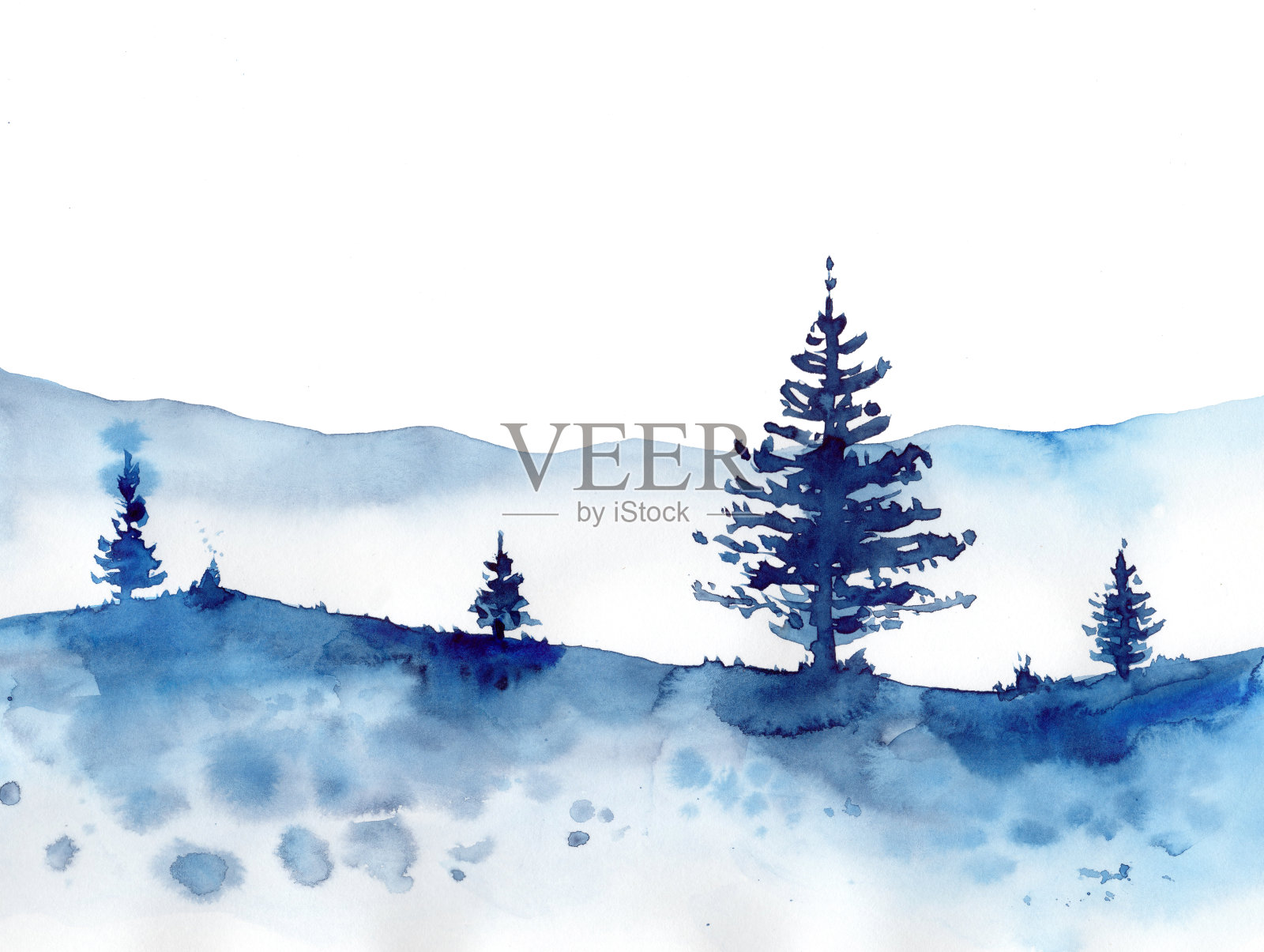 水彩冬天的森林和蓝色的雪背景。手绘圣诞插图印刷，纹理，墙纸或元素。美丽的水彩木材孤立的白色。插画图片素材