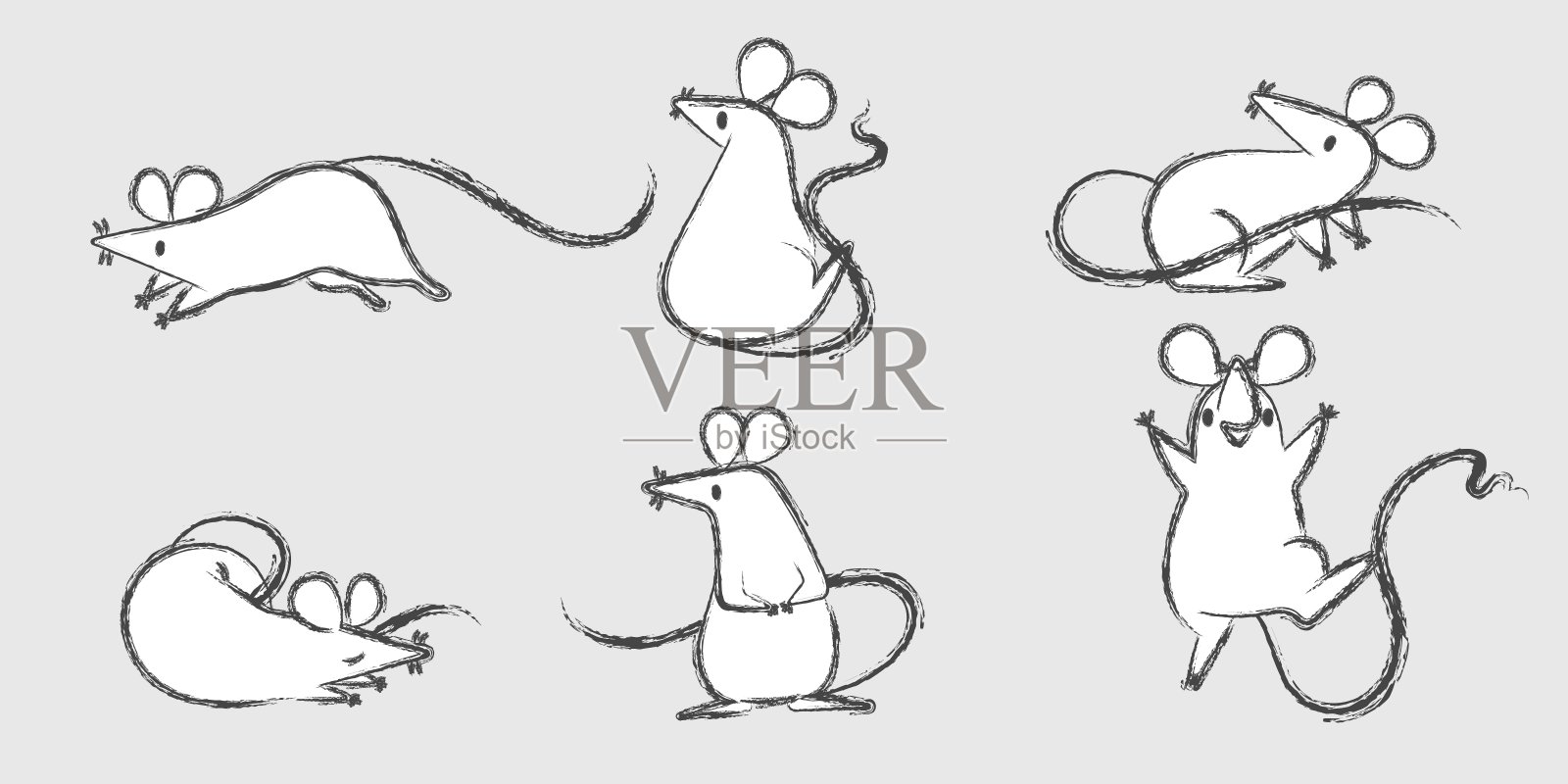 一组手绘的老鼠，在白色背景上不同姿势的老鼠。矢量插图，卡通涂鸦风格。插画图片素材
