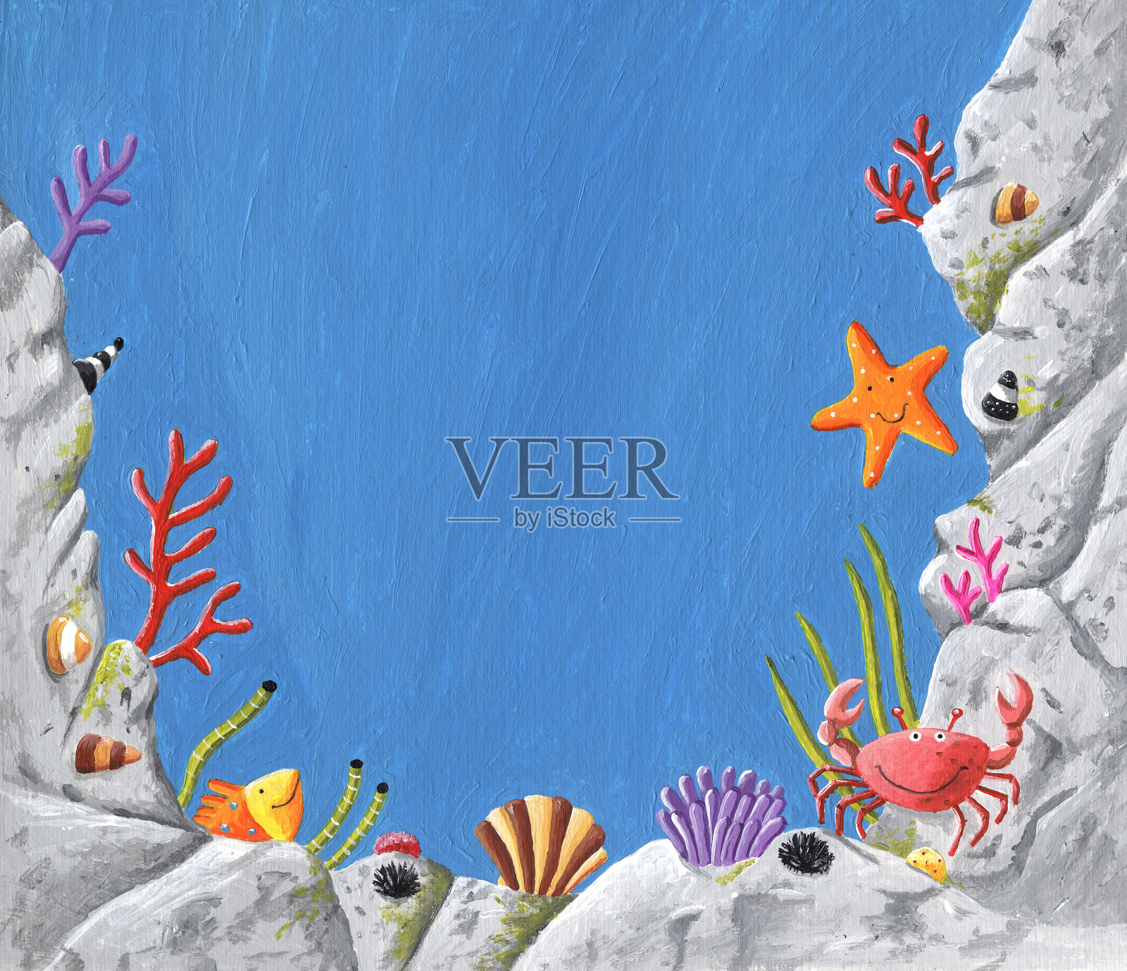 丙烯插图的水下场景美丽的鱼，贝壳，螃蟹，海星和珊瑚。在蓝色的背景上。空间的文本插画图片素材