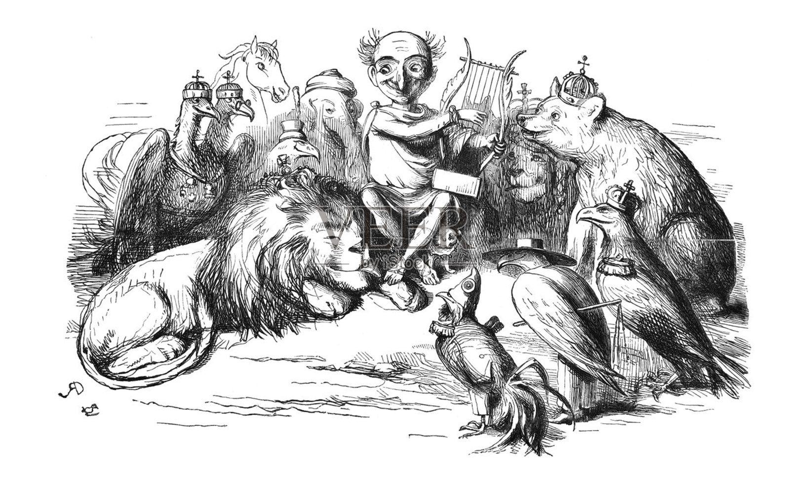 英国讽刺漫画漫画插图-人为一圈代表国家的动物弹奏竖琴-奥菲斯插画图片素材