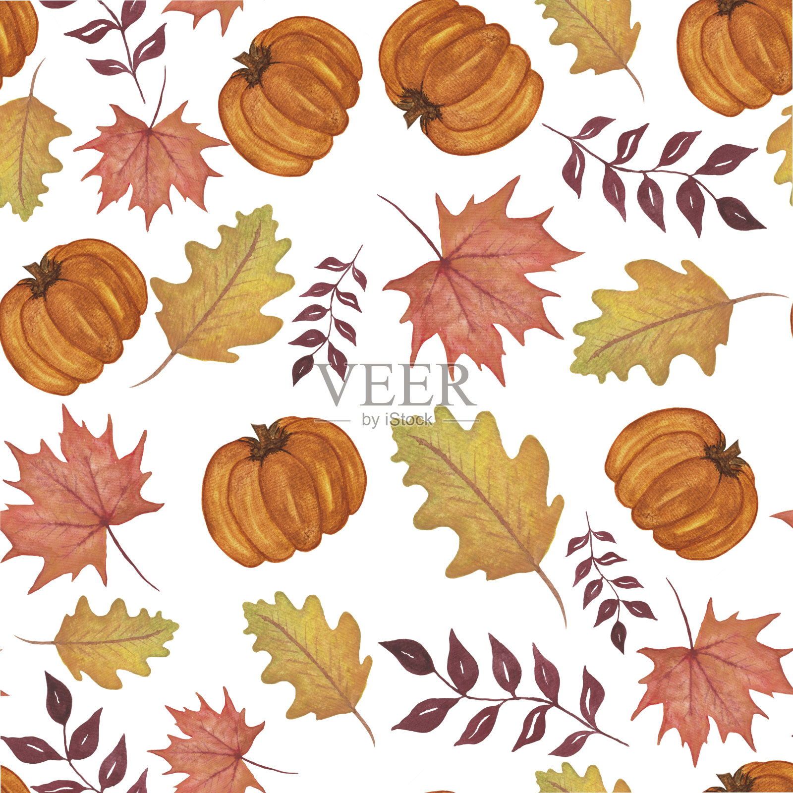 水彩秋叶与南瓜无缝重复图案，秋色装饰孤立上白插画图片素材