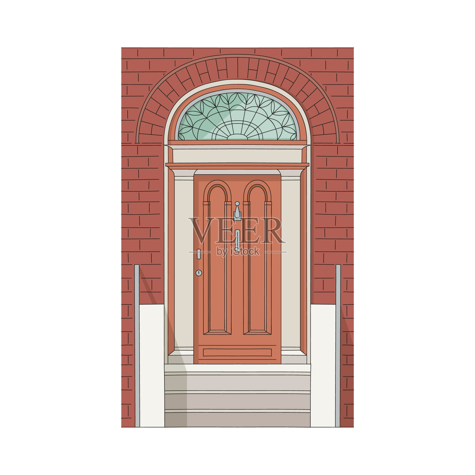 绘有彩色玻璃、石阶、砖墙的房屋、建筑物的门。插画图片素材