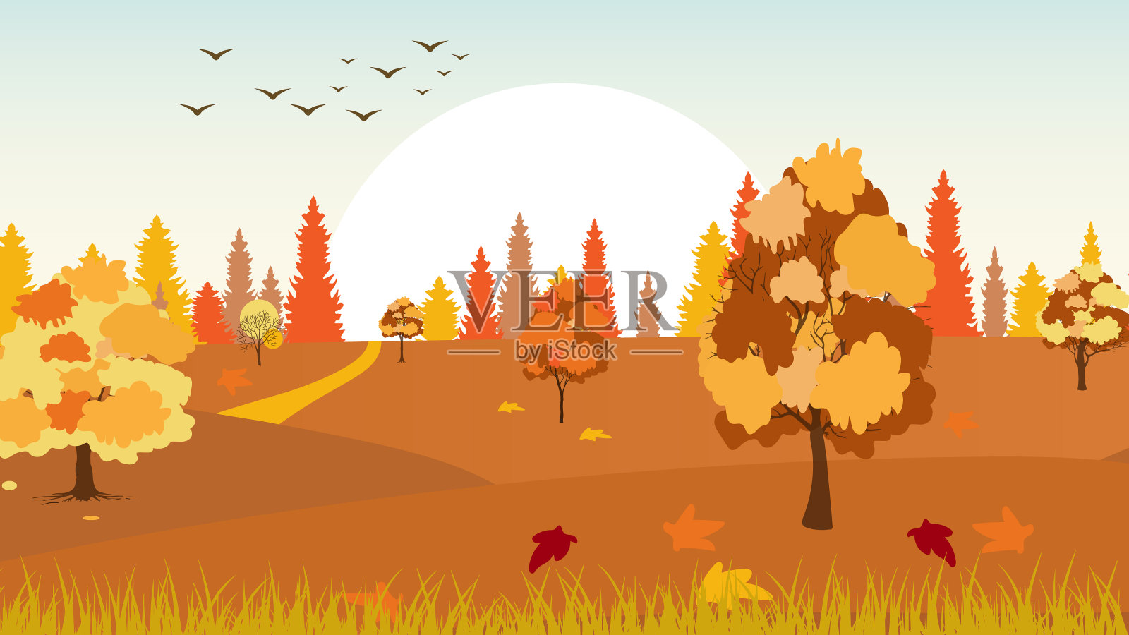 秋天的背景是树木、树叶和小山插画图片素材