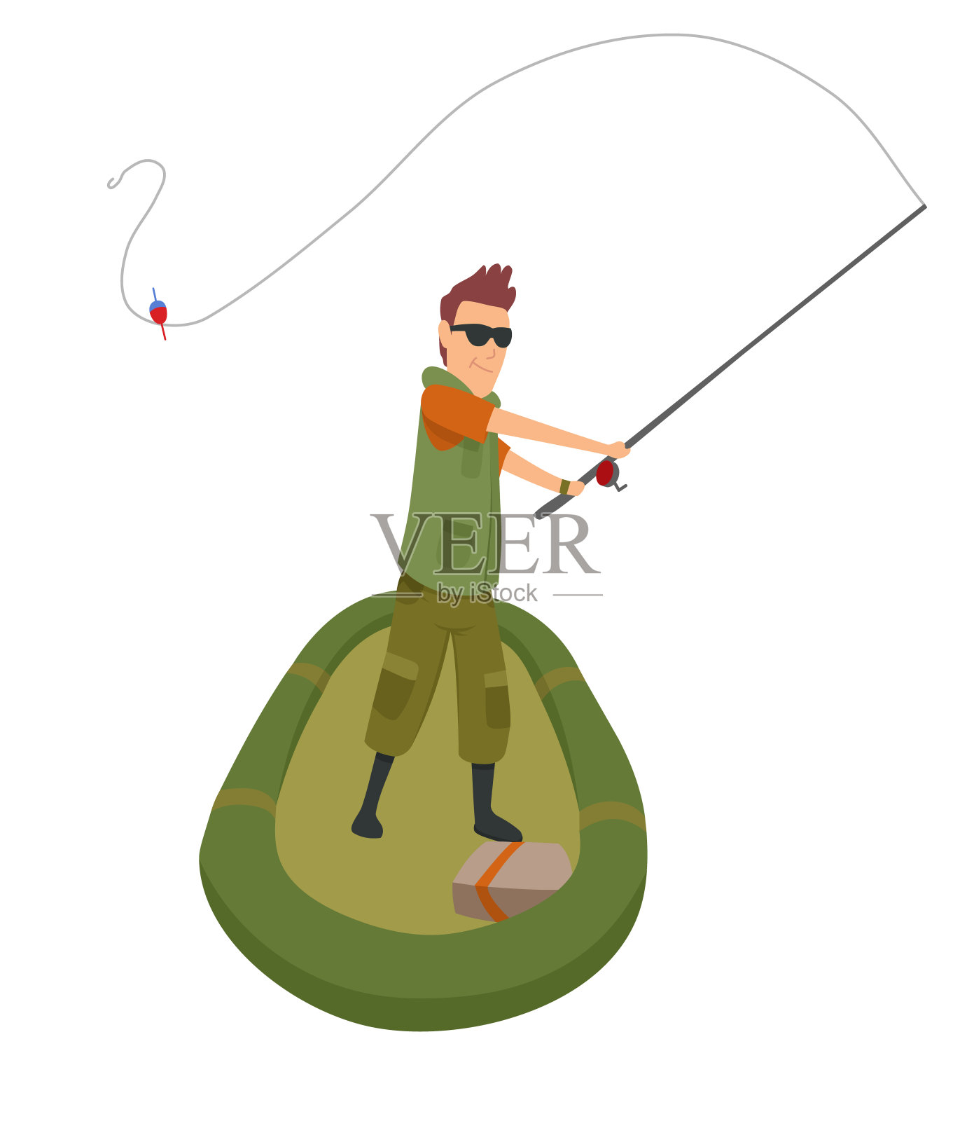渔夫平坦的图标。渔人用鱼和设备向量集合。钓鱼器材，休闲和爱好钓鱼插图设计元素图片