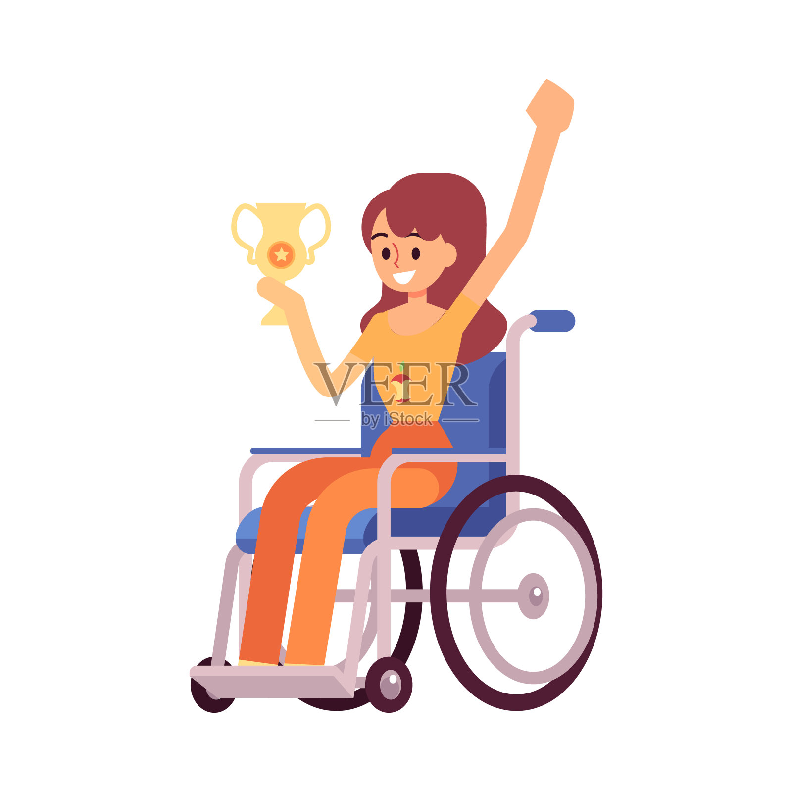 轮椅上的残障女子与获奖杯平面矢量插图隔离。插画图片素材