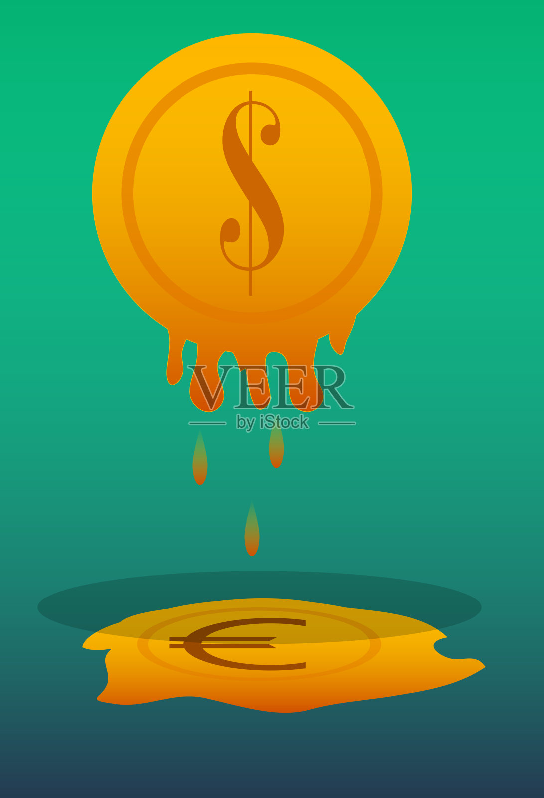 两枚硬币与欧元和美元符号熔化股票-插图插画图片素材