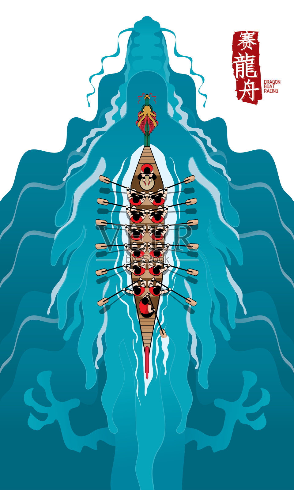 俯视图一个矢量划着龙舟，和一条巨大的龙隐藏在水下。插画图片素材