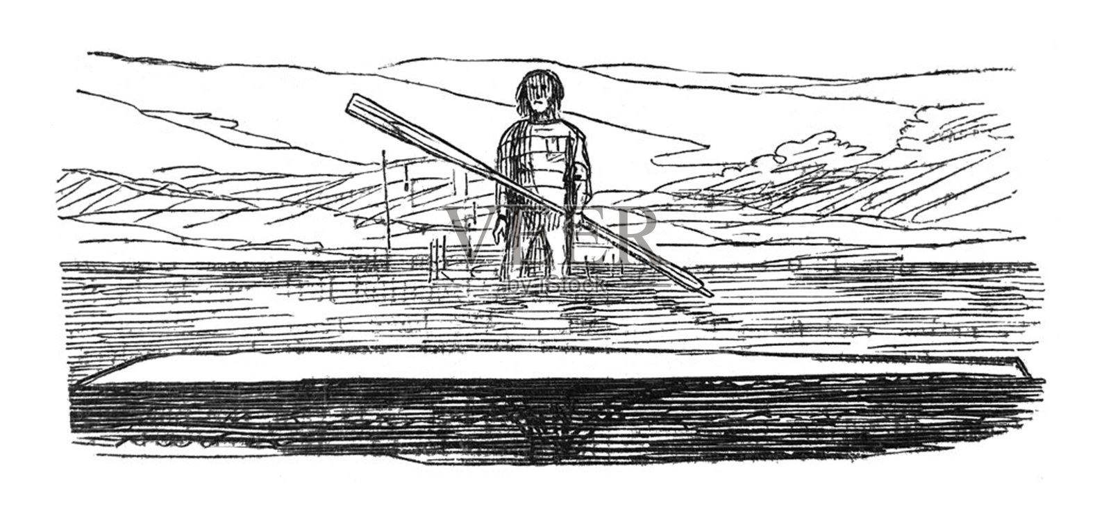英国讽刺漫画漫画插图-男人从他的运动赛艇上被抛弃插画图片素材