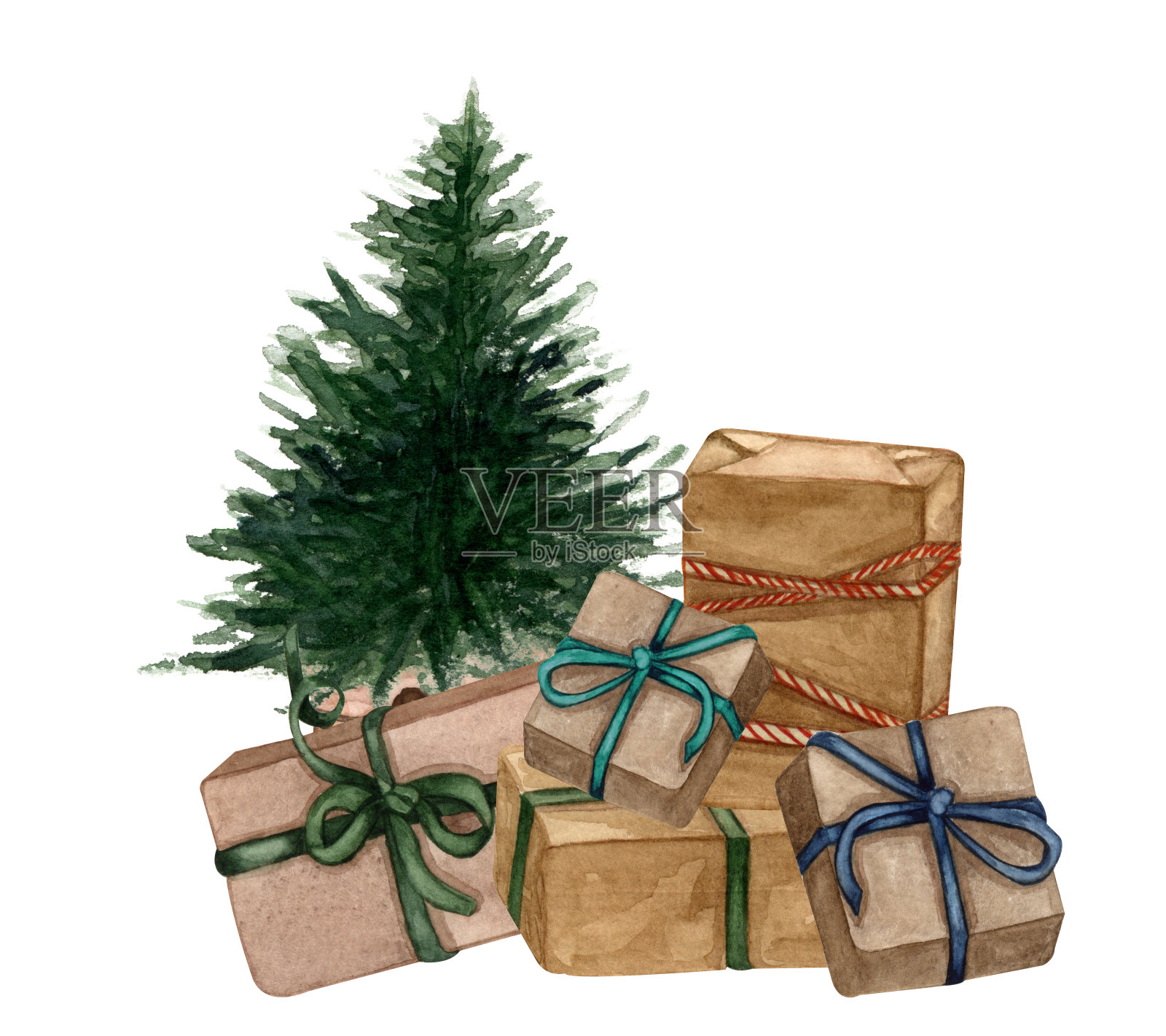 圣诞快乐，新年插图。水彩圣诞礼物和礼物在工艺包装纸与圣诞树。手绘水彩画一堆礼品盒和常青树。插画图片素材