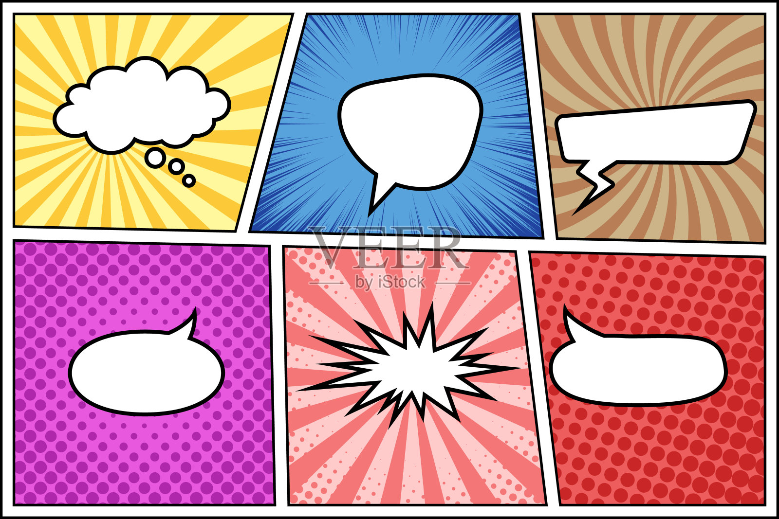 漫画页模板与不同的背景和讲话气泡。波普艺术风格插画图片素材